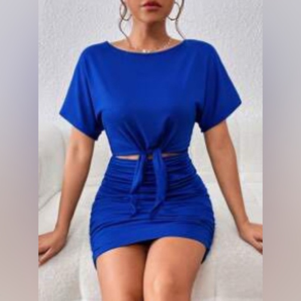 SHIEN - INAWLY Cut Out Knot Front Ruched Batwing Sleeve Dress Blue